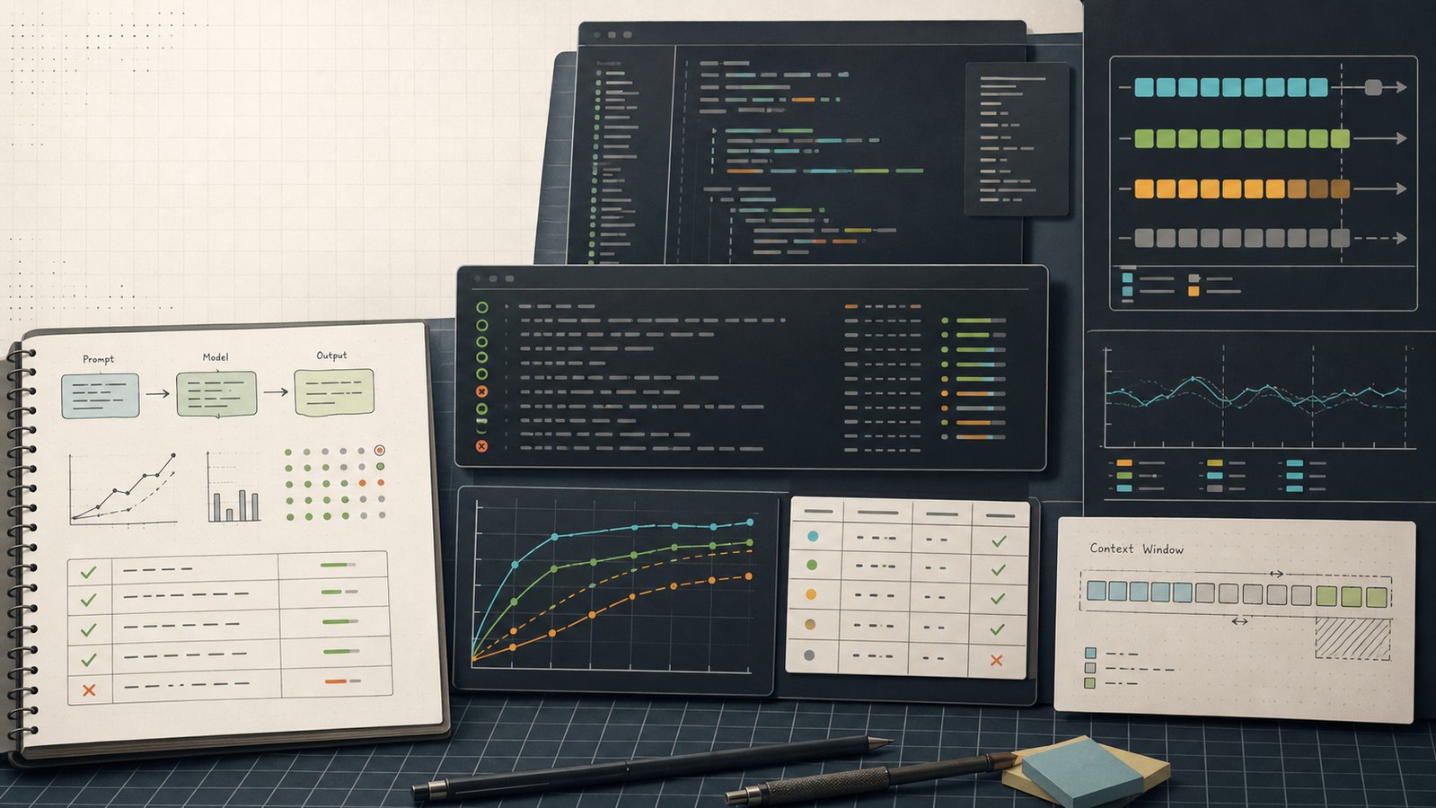 Abstract engineering notebook with benchmark traces, token streams, context blocks, and coding evaluation tables